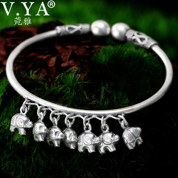 

v.ya solid 925 sterling silver cuff bracelets bangles for women cute elephant charms bracelet thai silver jewelry wholesale, Golden;silver