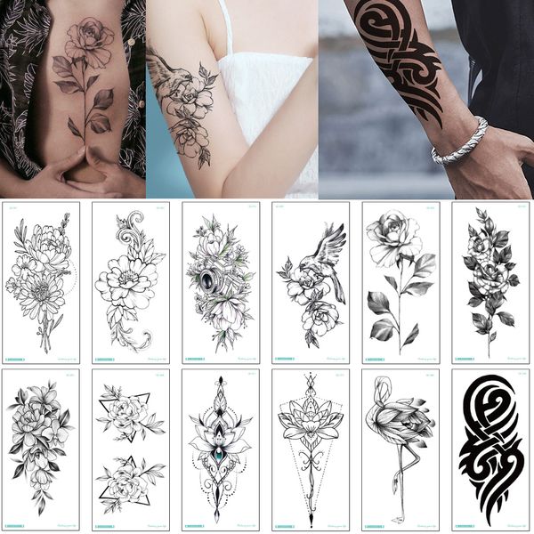Lotus Flower Peony Temporary Jewelry Tattoo Simple Hand Arm Chest Leg Fake Black Totem Tattoo Ink Painting Sticker Design Festival Party Art