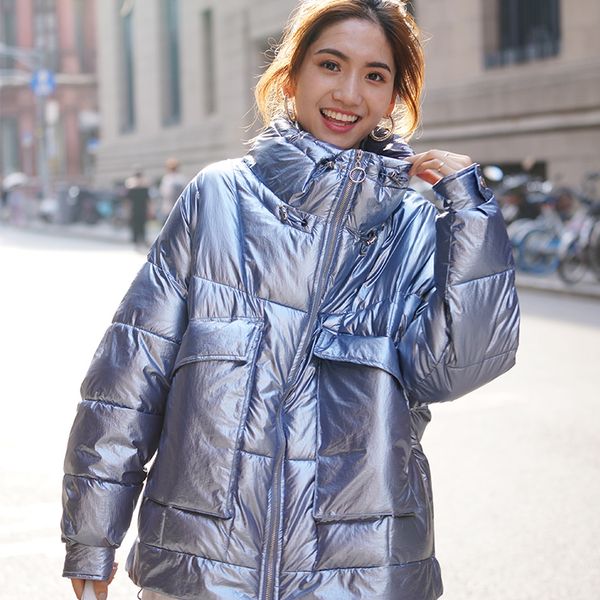 

2019 stand collar glossy blue parka mujer winter women coat thick down cotton padded jacket plus size short parka women overcoat, Black