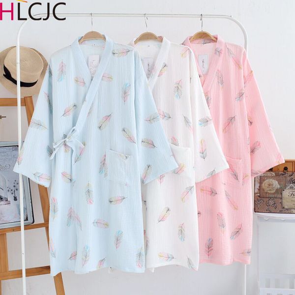 

cute feather thin breathable kimono robe women 100% crepe cotton pijama home wear summer long sleeve sleepwear womens pajamas, Black;red