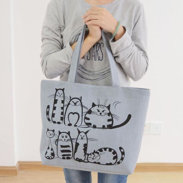 

famous brands 2016 cartoon cats printed beach zipper bag bolsa feminina canvas tote shopping handbags sac a main femme de marque