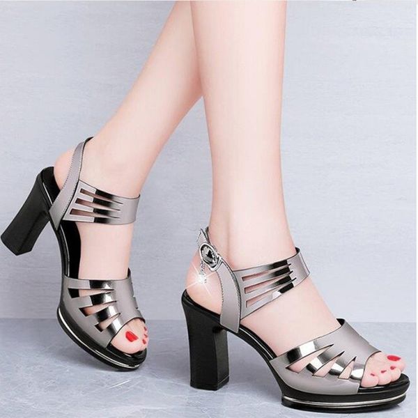 

summer sandals for women pu thick shoes high-heeled buckle women open toe rhinestone fashion hollow out female shoes new 2020, Black