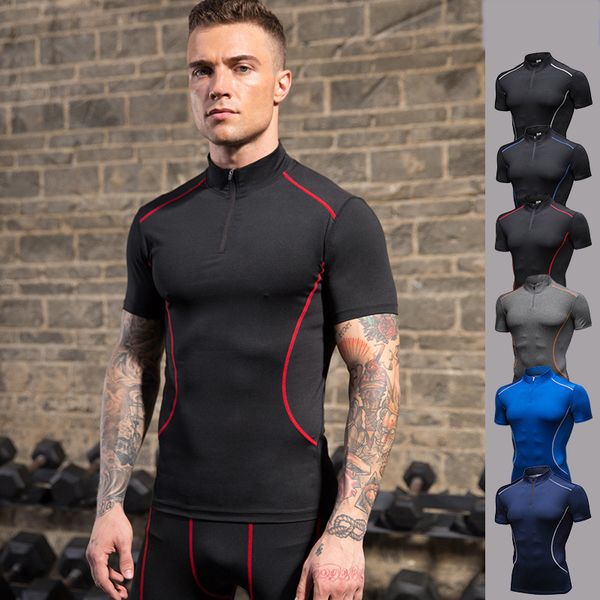 

new mens t-shirts stretch short sleeve stand collar sports sportswear outdoor running fitness clothing tight training shirts, Black;blue