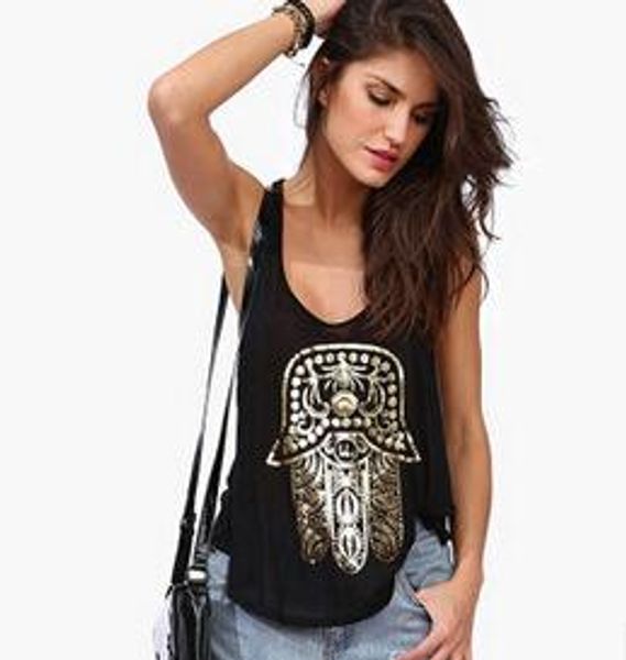 

fashion print summer women gold hamsa hand print vest loose sleeveless tanks punk wholesale trend, Black;white