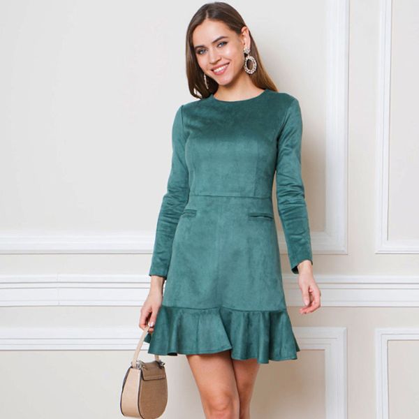 

women casual ruffles sheath mini dress ladies o neck long sleeve elegant party dress 2019 autumn winter vintage women dresses, Black;gray