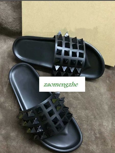 

high-quality donna flat slippers designer luxury red bottoms shoes men rivet spikes flat slippers, Black