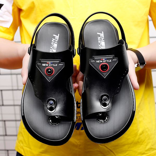 

casoipra 2020 new summer shoes sandals men breathable black flat leather sandal flip flops slippers beach crocks