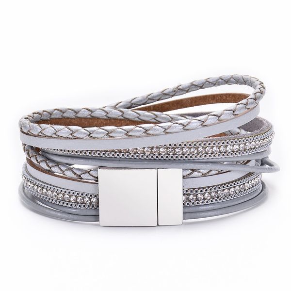 

women multilayer pu leather bracelets boho natural pearl rhinestone bracelet magnetic buckle bangle wristban fashion jewelry, Golden;silver