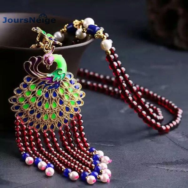 

wholesale natural garnet stone necklace roasted blue peacock pendant lucky for women girl sweater chain necklace jewelry, Silver