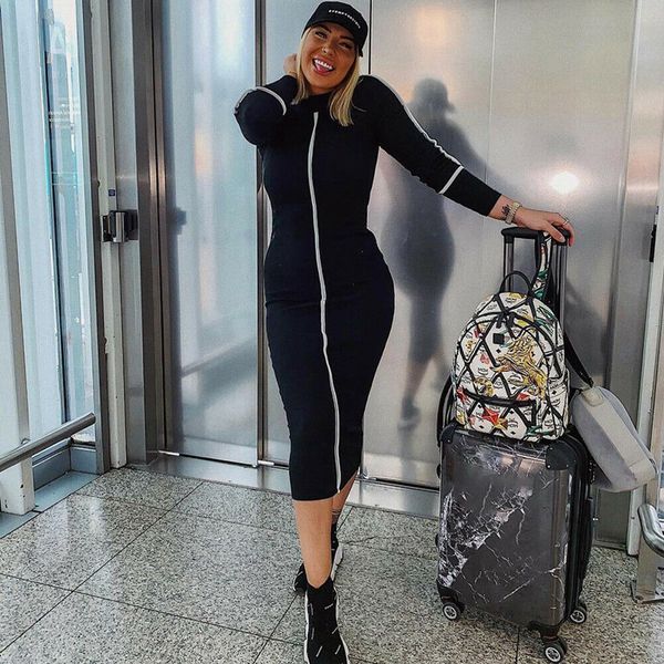 

fashion women contrast color long sleeve temperament fitness summer long sleeve bodycon stretch pencil dress, Black;gray