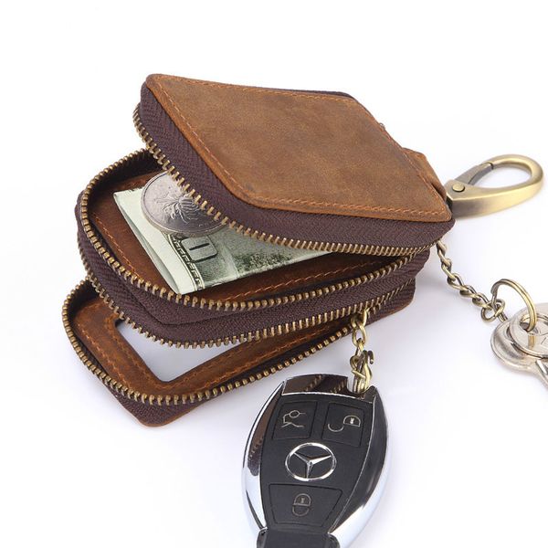 

transparent visualization double oil wax leather car key pack men mad horse leather double zipper key pack money clip wallet, Red;blue