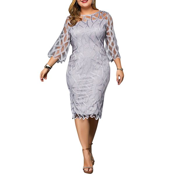

autumn plus size women bodycon midi dress solid hollow half sleeve vintage beach summer large size party lady dress vestido, Black;gray