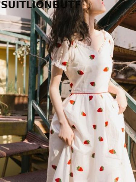 

совершенное качество хлопка лета женщин платье sukienki e девушка клубники урожай партии длинном белом платье империи лолита vadim платья, Black;pink