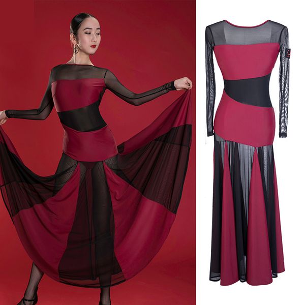 

latin dance dress long sleeve ballroom flamengo long dresses women cha cha tango salsa clothing competition dancewear dn3236, Black;red