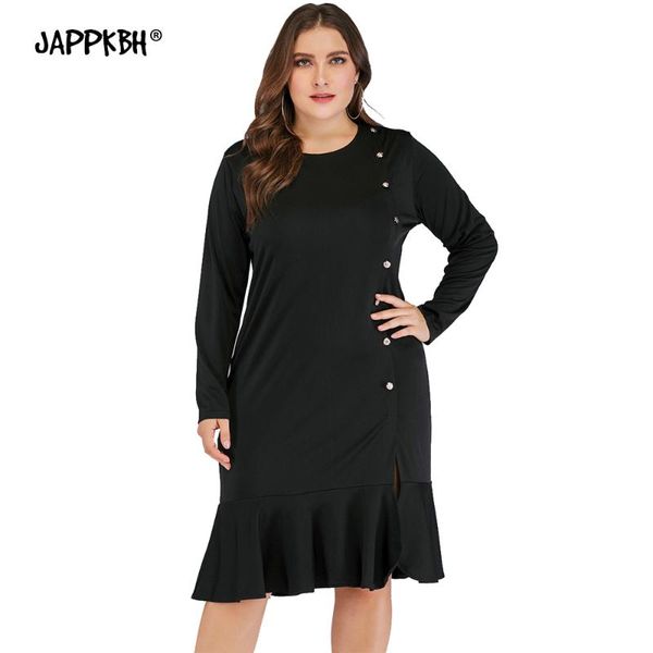 

autumn summer dress women 2020 casual plus size slim office pencil ruffles dresses elegant split long sleeve party dress, Black;gray