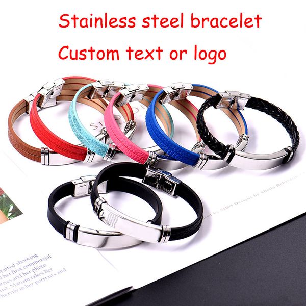 

stainless steel custom personalized leather bracelet engraved lover baby name motto logo bangle jewelry 2019 valentine gifts, Golden;silver