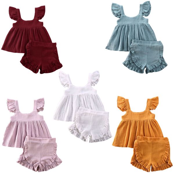 

0-24m newborn baby girls ruffles clothes set cotton summer kids sleeveless blouse+shorts suits 0-24m, White