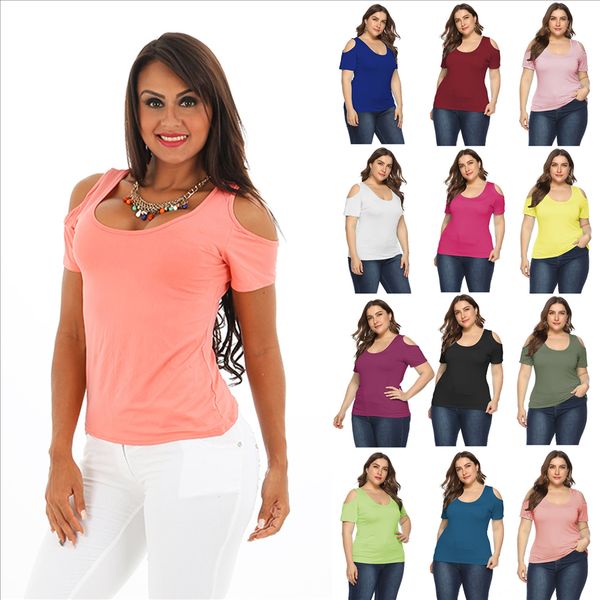 

large size t-shirt women's pure color simple casual round collar shoulder-exposed short sleeve t-shirt a1332, White