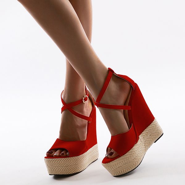 

sandals 2021 15cm heel red platform wedges shoes fashion cross strappy bohemian women sandles big size 35-42, Black