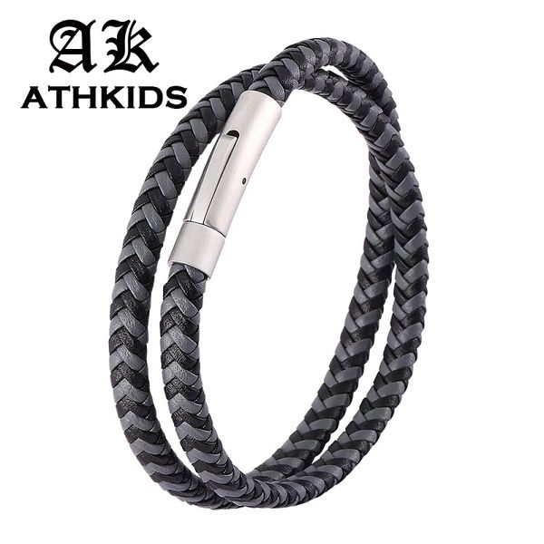 

fashion black gray mix braided leather double layer bracelet stainless steel snaps men women jewelry gifts pd0496, Golden;silver