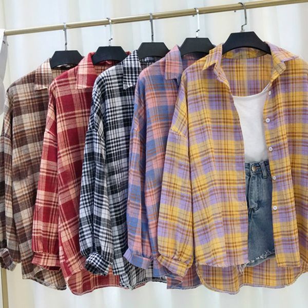 

2020 plaid shirt women oversized blouse girl long sleeve female casual print shirts loose cotton blusas, White