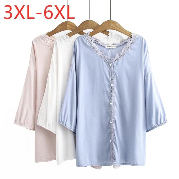 

новый 2020 дамы лето плюс размер топы для женщин большая блузка повседневная свободная розовая белая кнопка кружева v образным вырезом рубаш, White