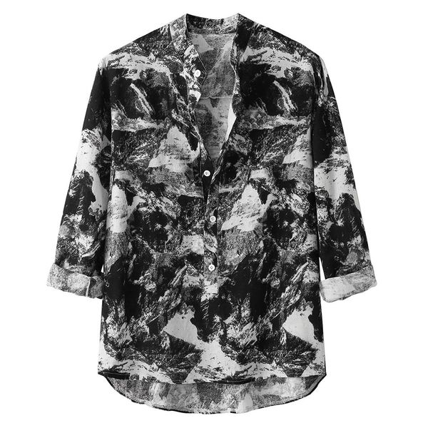 

mens autumn loose fashion casual daily printed cotton and linen shirt blouse, White;black