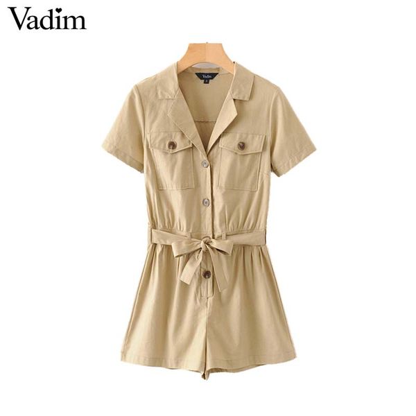 

vadim women stylish khaki safari style v neck playsuits short sleeve sashes pockets buttons female chic casual jumpsuits kb040, Black;white