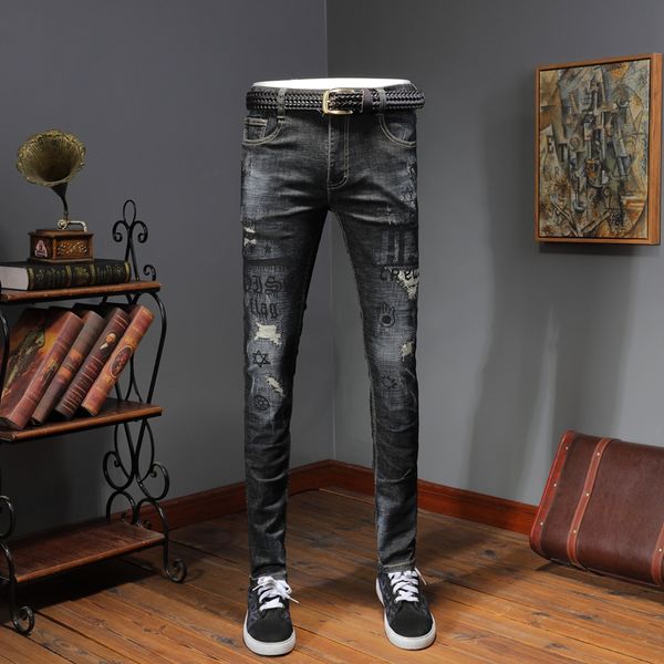 

streetwear quality men ripped printed cotton stretch slim fit blue jeans