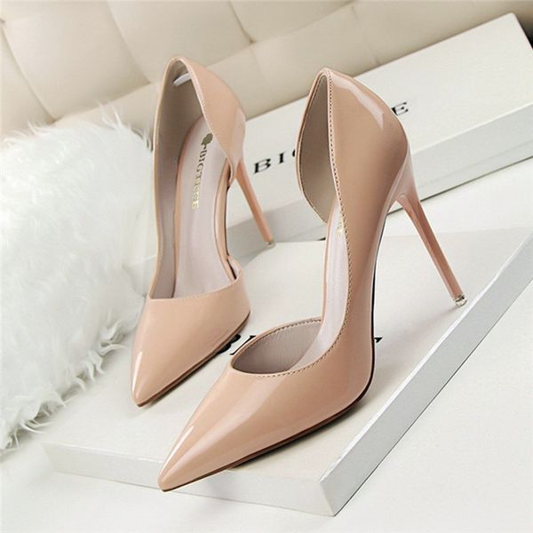 

2019 new arrival concise solid patent leather shallow women pumps cut-outs pointed toe high heels 10cm shoes, Black