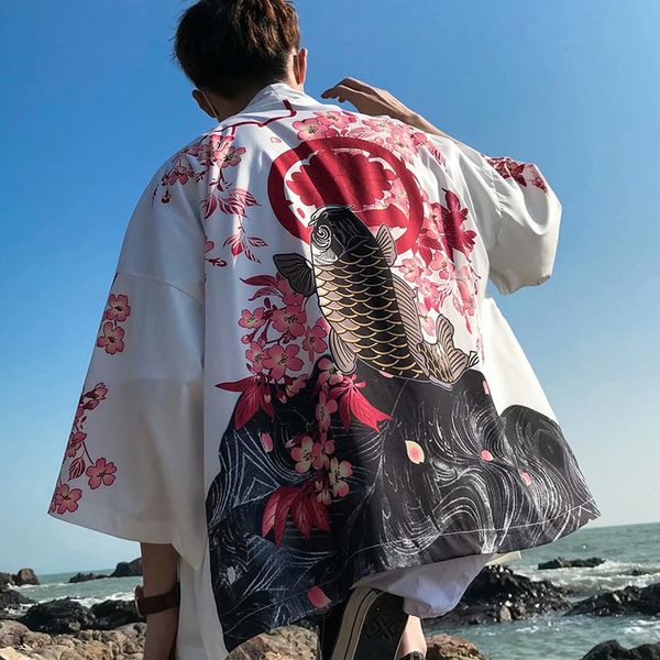 

japanese kimono style men casual cardigan half sleeves open front cloak jacket coat, Black;brown