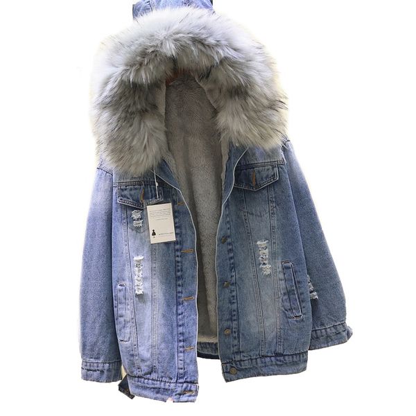

2019 winter loose hooded big fur women parka thick warm lamb fur long denim jacket winter jacket women coat with jean, Black