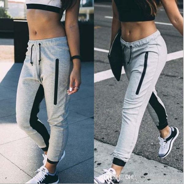 

women casual pencil pants casual grey zipper design elastic waist sports pants, Black;white
