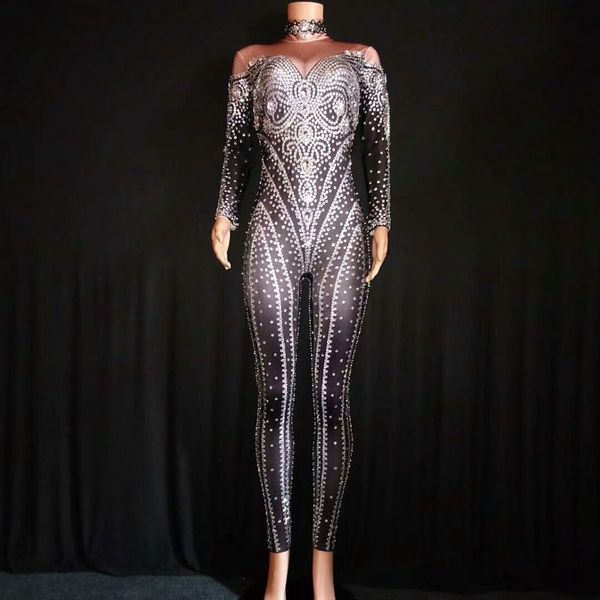 

sparkly crystals jumpsuit women birthday celebrate black costume female singer rhinestone bodysuit performance dance wear, Black;red