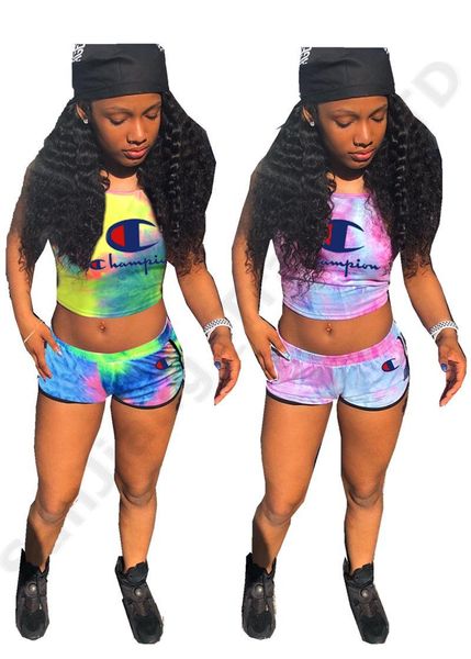 

summer champions letter women tracksuit vest tank crop + shorts 2 pieces sports set gradient color outfit fashion sweat suit s-3xl, White