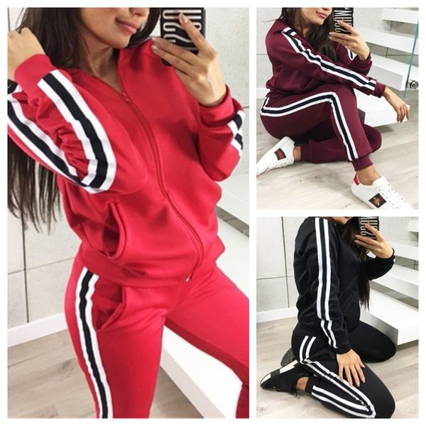 

spring women long 2pcs tracksuits panelled zipper casual sports womens suit long coat pantsuit womens clothing, White