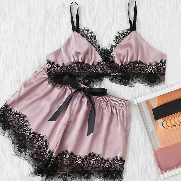 

women 2pcs/set nightdress sleepwear new arrival women lace slip nightgown silk satin babydoll underwear sleep cute bra, Black;red