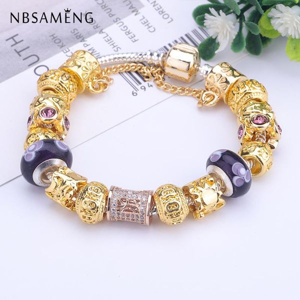 

original silver plated crystal golden hollow bracelet with murano glass beads charm bracelet bangle for women diy jewelry, Black