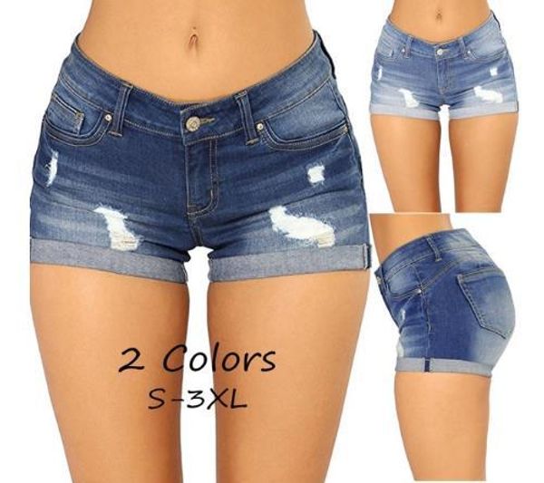 

2018 fast-selling women's denim pants tight holes stretch denim shorts pants, Blue