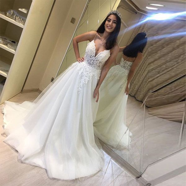 

custom new summer boho lace spaghetti straps backless a line long train tulle wedding dresses princess appliques bridal gowns sale, White