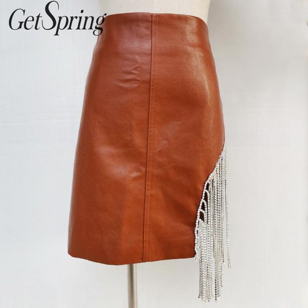 

getspring women skirt diamond tassel asymmetry pu leather skirts women khaki black irregular high waist tassle skirts 2019 new