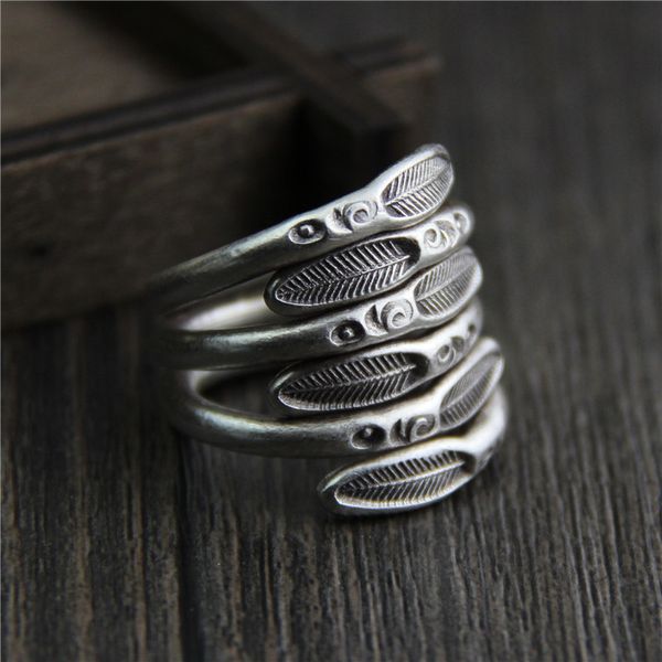 

c&r real s999 sterling silver rings for women men multi-circle feather thai silver ring set handmade vintage fine jewelry, Golden;silver