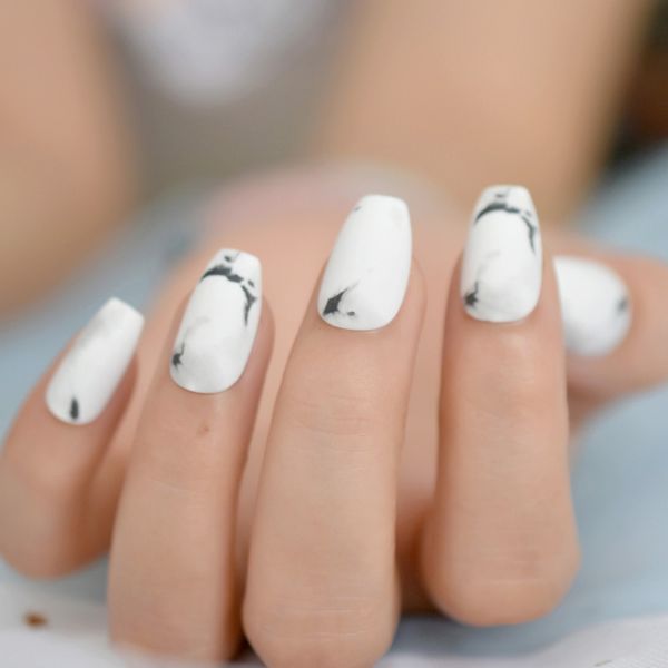 

white marble black matte press on ballerina coffin fake nail marble texture false nails daily finger wear with glue sticker, Red;gold