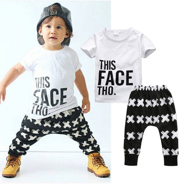 

baby clothes sets 2pcs summer sets newborn infant boys fashion short sleeve o-neck pullover letter white t-shirt geometric print black pants