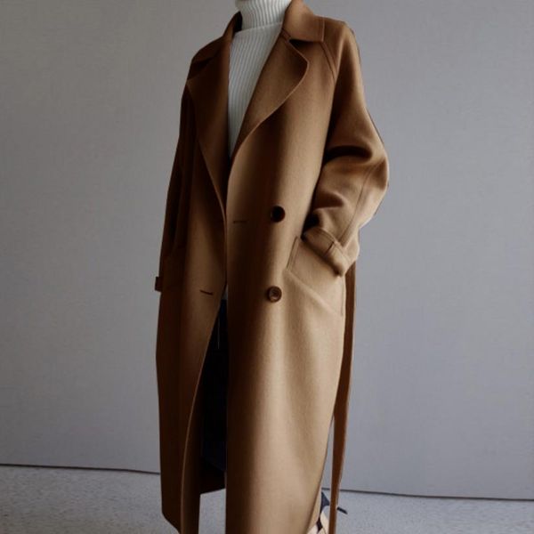 

long coat double-breasted coat overcoats womens wool trench coats, Black