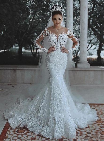 

gorgeous mermaid wedding dresses with long sleeves lace appliques sweep train vintage bridal gown custom made, White