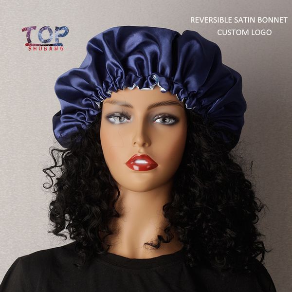

custom logo reversible satin bonnet double layer adjustable size women silky bonnet high elastic band hair
