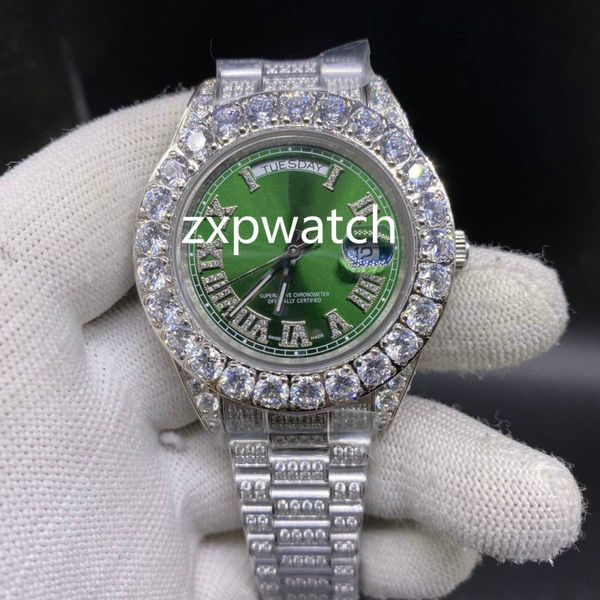 

43mm prong set diamond watch full diamond strap watch automatic men silver case stainless green face big diamond men watch, Slivery;brown