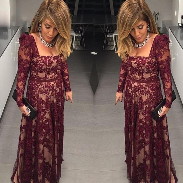 

бургундия бато шеи длинные рукава кружева мать невесты платья длинные с поясом линия формальное платье выпускного вечера вечерние платья пар, Black;red