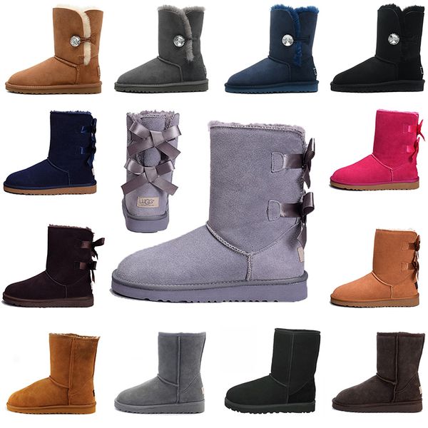 

2020 wgg women boots warm fur australia classic triple black brown red bow button fashion luxury womens ankle half boot antiskid bottom shoe